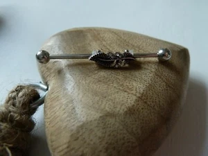 PIERCING  Helix Hantel Industrial - Edelstahl silber - BLATT m. Kristall klar - Bild 1 von 2