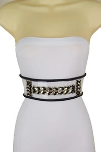 Women Wide Black Elastic Band Sassy Stylish Look Belt Gold Metal Chain Size XS S - Picture 1 of 19