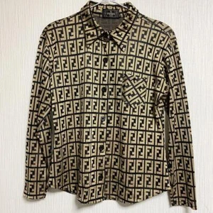 FENDI long sleeve blouse shirt FF Zucca length 57cm width 46cm beige black Auth - Picture 1 of 4