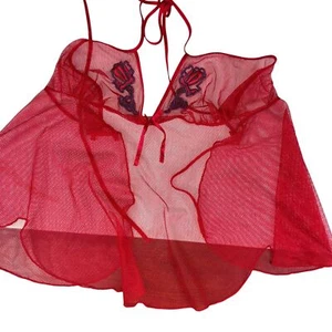 Shirley of Hollywood Lingerie Sheer Slip Medium Red Embroidered - Picture 1 of 5