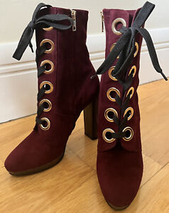 Burberry Suede Ankle Boots with zip, gold eyelet, wooden block heel