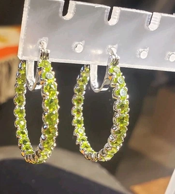 Stunning Signed DK Sterling Silver Hoop Earrings With Green Peridot Gemstones - Image 1 of 4