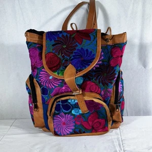 Multicolor Tapestry Embroidered Fabric Tan Leather Trim Drawstring Backpack - Picture 1 of 14