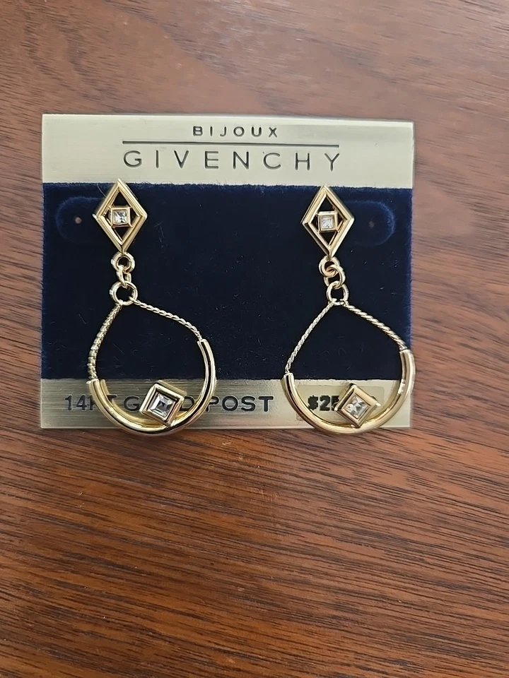 NUEVO Pendientes De Colección Años 80 Bijoux Givenchy Perforados Oro Cristal Círculo Gota 14K Post Foto 1 de 3