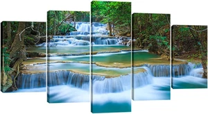 Friedlicher Wasserfall Leinwandbilder Wandbilder Grüne Bäume Bilder Gemälde für Liv - Bild 1 von 12