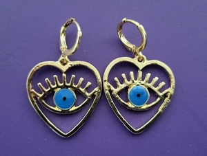 Golden-Tone Heart Drop Earrings with Blue Eye Accent - Picture 1 of 2