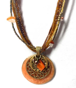 Chico's Beaded 5 Strands With Coral Enamel Disc With Gold Tone LayersStone Chips - Picture 1 of 9