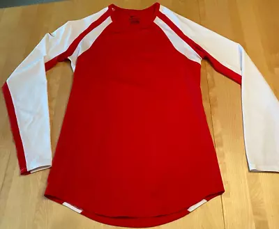 CAMISA DE RUNNING NIKE DRI FIT BORDADA A CUADROS MANGA LS ROJA BLANCA PARA MUJER TALLA S Foto 1 de 4