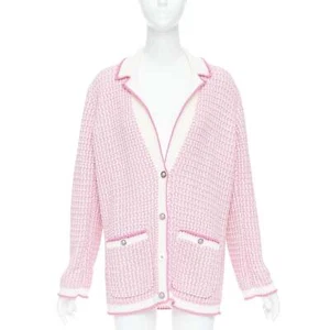 CHANEL 2022 pink white tweed metallic buttons long knit cardigan FR42 XL - Picture 1 of 10