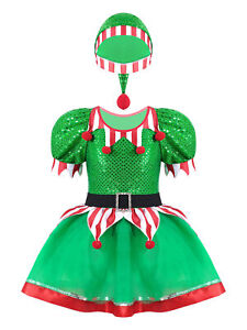 Kids Girls Christmas Elf Costume Set Xmas Festive Outfit Tutu Dress with Elf Hat