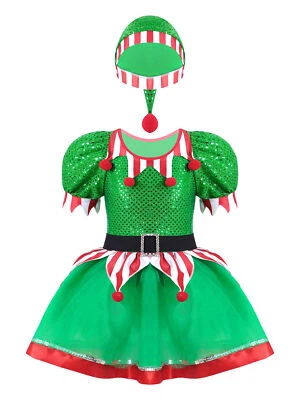 Kids Girls Christmas Elf Costume Set Xmas Festive Outfit Tutu Dress with Elf Hat - Image 1 of 3