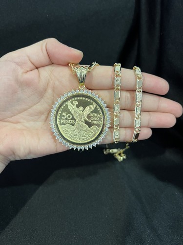 Ciondolo CENTENARIO moneta messicana Moneda 50 pesos zirconi placcati oro e catena Valentino