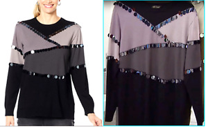 NEW Diane Gilman Sweater SEQUINS Colorblock BLACK/GRAY tunic shirt PLUS SZ 3X