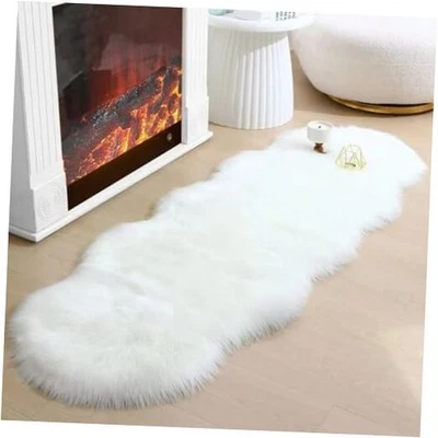 人造毛皮地毯 2 x 6 英尺白色毛茸茸的羊皮可机洗模糊区域地毯  — 第 1/4 张图片