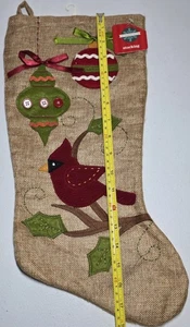 3D Red Cardinal Burlap Christmas Stocking with Bowed Ornaments 18" - Picture 1 of 3