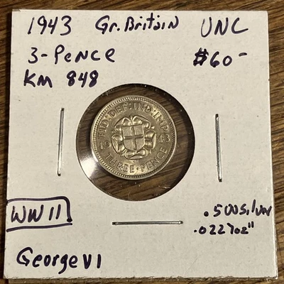 3 peniques de plata 1943 - Gran Bretaña - plata de 0,1818 oz - en muy buen estado Foto 1 de 3