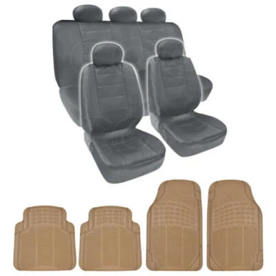 Fundas de asiento de auto de cuero PU + alfombrillas duraderas para todo tipo de clima - gris/beige 13 piezas Foto 1 de 4