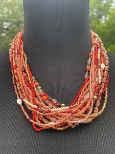 Orange Seed Bead Gold Tone Multi-Strand Necklace 18–21" Layered Boho VTG - Picture 1 of 10