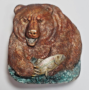 Grizzly Bear with Fish Trout Belt Buckle Bergamot - Made in USA