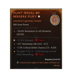 Diablo 4 S8 Hunt Medal Of Berserk Fury 1GA Str Legendary Amulet Equip Gear Item - Picture 1 of 4