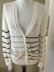 360 Sweater Linen Striped Button Sweater Cardigan Ivory tan black S pockets New - Picture 1 of 12