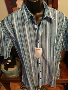 ESPIRIT SHORT SLEEVE SHIRT MEN'S SIZE L BLUE STIPED POCKET FRONT BUTTON CASUAL - Picture 1 of 4