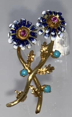 Broche prendedor flor esmalte azul y blanco oro 18k con centro de turmalina rosa Foto 1 de 3