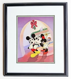 DISNEY ART 17X20 UNDER THE MISTLETOE 1998 MICKEY MINNIE MOUSE CHRISTMAS KISSING - Picture 1 of 2
