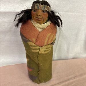 Rare M Frances Woods Indian Doll Skookum Crepe Paper Molded Face 10" 1910-20's