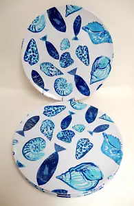Juego de 6 platos de cena de melamina blanca azul caracol de mar de 11" en excelente estado - Imagen 1 de 5