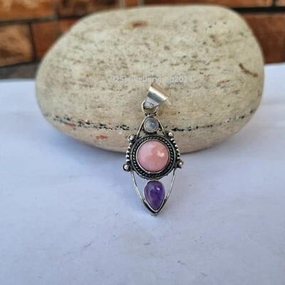 Colgante de piedras preciosas de ópalo rosa y amatista y piedra lunar plata de ley 925 PG4461 Foto 1 de 3