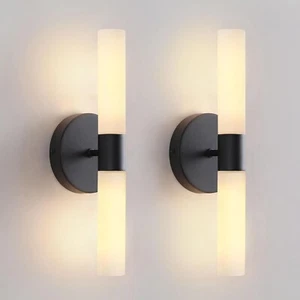 KUZZULL Wall Sconces Set of Two Black and Brass Gold Wall Lights White Frosted - Picture 1 of 7