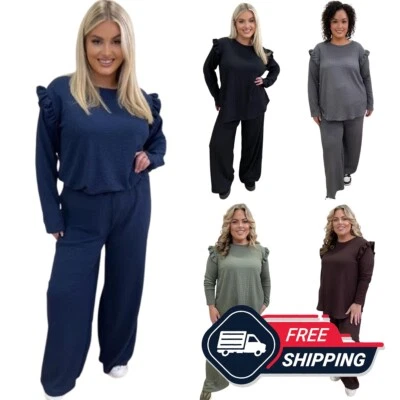 Ladies Frill arm Long Sleeve 2Pc Set Womens Wide Flared Leggings Loungewear 8-22 - Image 1 of 4