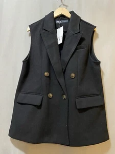 NUEVO CON ETIQUETAS ZARA Mujeres Cepillado Poli Recubrimiento Muesca Solapa Doble Pecho Chaleco Talla M Negro - Imagen 1 de 15