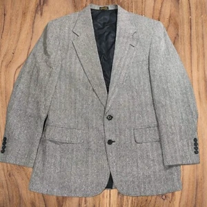 VINTAGE Bon Marche Tweed Herringbone Gray Satin Lined Sports Coat Men Size 40R - Picture 1 of 11