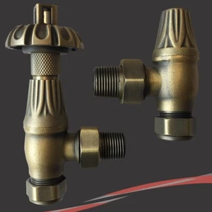Traditional Brass Thermostatic Westminster TRV Angled Radiator Valve Sets (Pair) - Picture 1 of 3