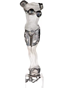 ION TAMAIAN Kunst Glas Klar Frau Torso Skulptur Mundgeblasen Verschmolzen Metall Neu - Bild 1 von 7