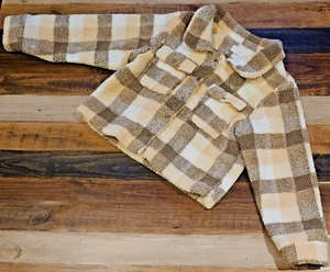 Sage The Label Plaid Brown Tan Fleece Sherpa Jacket Cropped Women's Medium - Picture 1 of 7