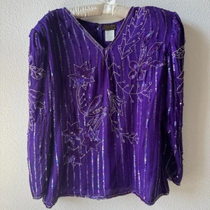 Eve's Allure Purple Silk Sequin Embellished Blouse Size XL - Picture 1 of 10