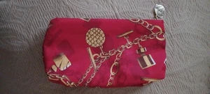 NWOT New ESTEE LAUDER Cosmetic Makeup Bag Red Satiny fabric w/ gold chain print - Picture 1 of 7