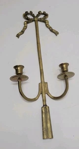 Vintage französische Schleife & Quaste Messing Wandleuchter Kerzenhalter Doppelarm 19" hoch - Bild 1 von 14