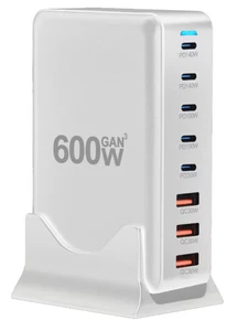 White 600W GaN Charger 8 Port USB Type C Fast Charging Station iPhone Android - Picture 1 of 4