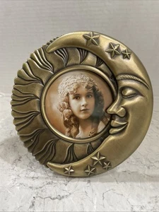 VTG Photo Frame Celestial Crescent Moon Sun Gold Brass Tone 3” Round Picture - Picture 1 of 8