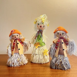 Vintage Japan Vogelscheuche Trio - beflockter Raffia Herbstdeko - 60er Jahre Tischset - C1 - Bild 1 von 14