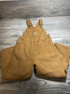 Carhartt Bib Overalls Kids Boys Size 4T Brown Canvas Flannel Lined Double Knee - Picture 1 of 12