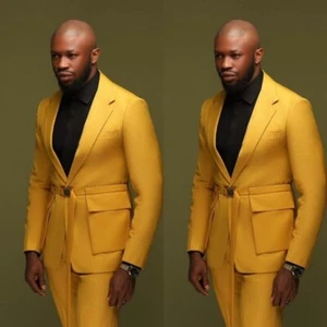 2 Pcs Men Suits With Belt Wedding Groom Fashion Yellow Tuxedo Man Blazer Pants - Picture 1 of 16