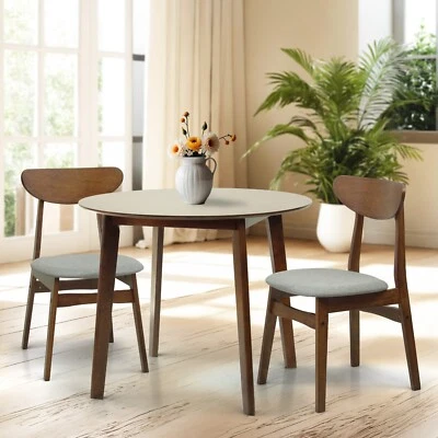 Set of 3 Dining Round Table and 2 Yumiko Side Chairs Solid Wood, Medium Brown - Image 1 of 4