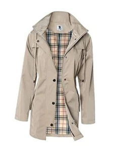  Women's Long Hooded Rain Jacket Outdoor Raincoat Windbreaker Medium Khaki - Picture 1 of 7
