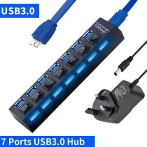 High Speed 7 Ports USB 3.0 HUB Power Splitter Extender Cable with UK Adapter - Picture 1 of 9