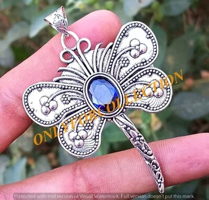 Blue Faceted Glass 925 Sterling Silver Plated Handmade Unisex Butterfly Pendant - Picture 1 of 4